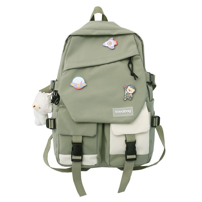 Schoolbag Female High School Students Cute Large-capacity Girl Vintage Backpack With Pendant: Green