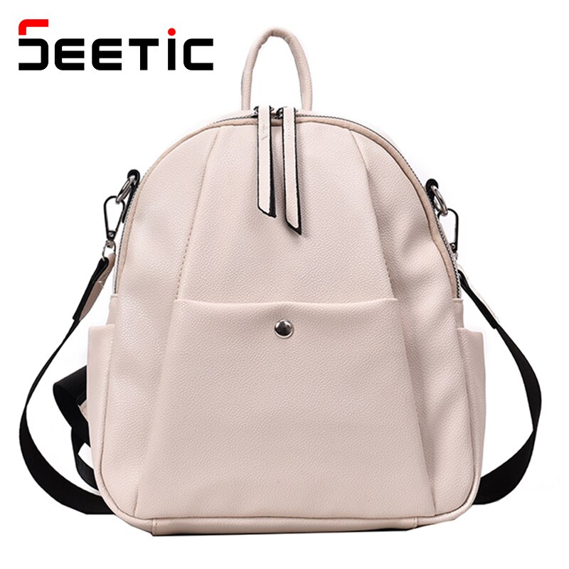 Seetiec Vrouwen Pu Lederen Rugzak Reizen Schoudertas Vrouwen Multifunctionele Rugzak Vrouwelijke Casual Dames Rugzak: White Backpack