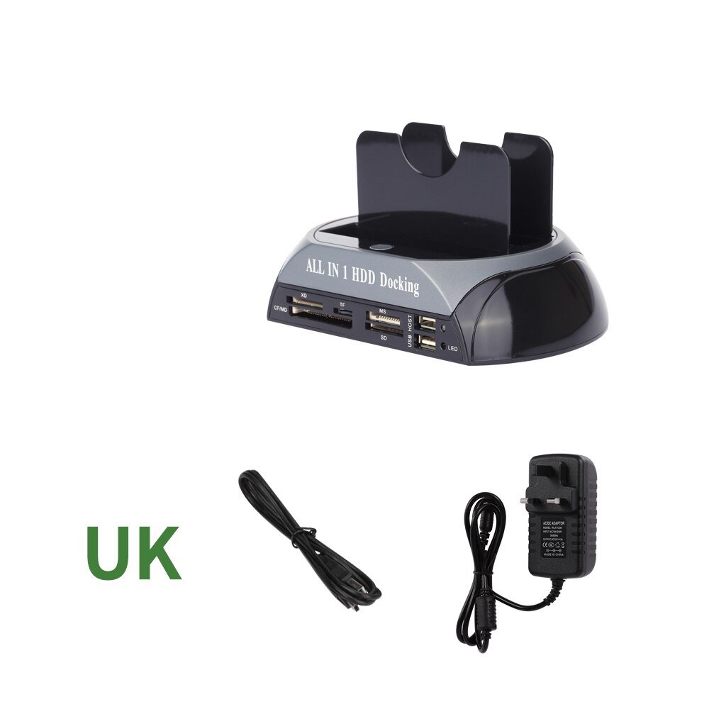 2.5 " 3.5 sata/ide hdd-fodral 2-- docka dual bay hårddisk dockningsstation e-sata kortläsare hub usb-hölje hdd-hölje eu-kontakt: Svart storbritannien