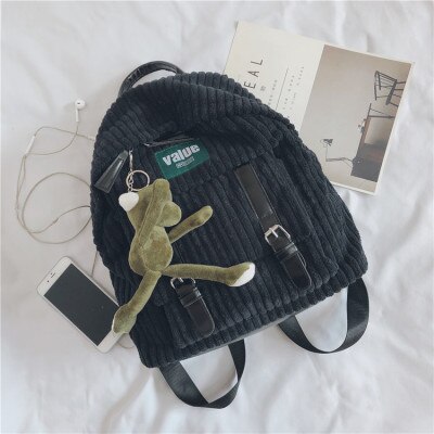 DORANMI Corduroy Schoolbag Women's Backpack Winter Female Rucksack Small Book Back Bags Striped Mochila Shoulder Bags BG307: Black