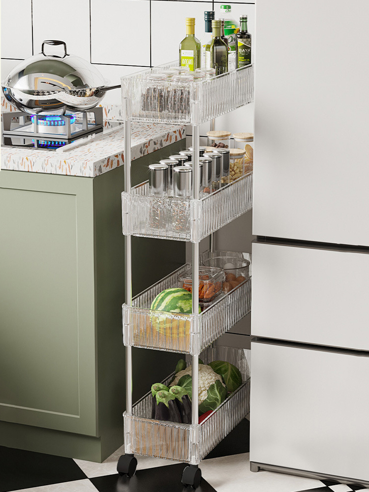 Acryl Helder Trolley Rek Verplaatsbare Rolling Utility Winkelwagen Smalle Kloof Opbergrek Met Wielen Badkamer Verwijderbare Plank 2/3/4 Laag