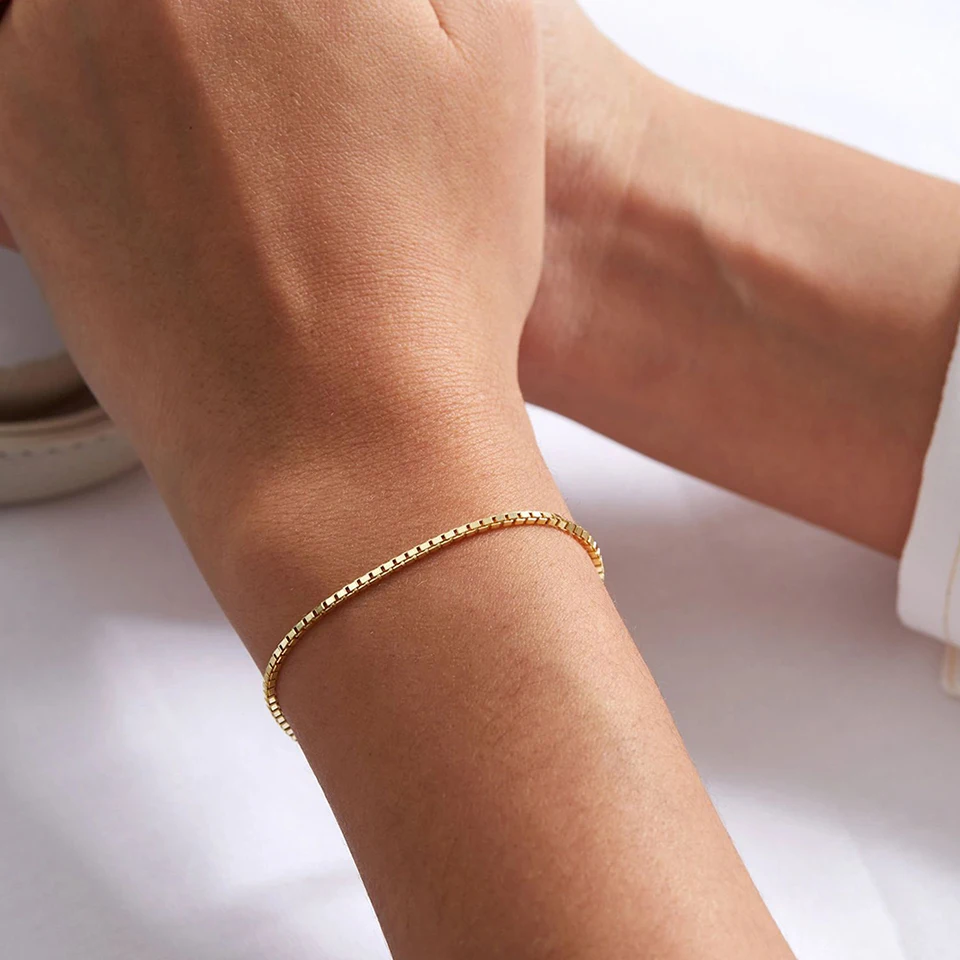 SUNIBI 2MM Einfache Kasten Kette Armbänder für Frauen Gold Farbe Edelstahl Klassische Armbinde Minimalismus Schmuck