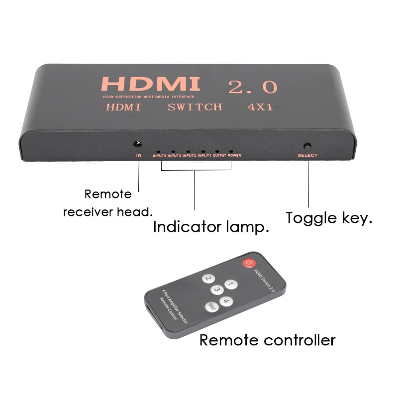 4 in 1 Out 2.0 Switcher 4K60HZ HD Switcher Support Blu-Ray Input/3D Output/HDCP2.2/HDR Dynamic