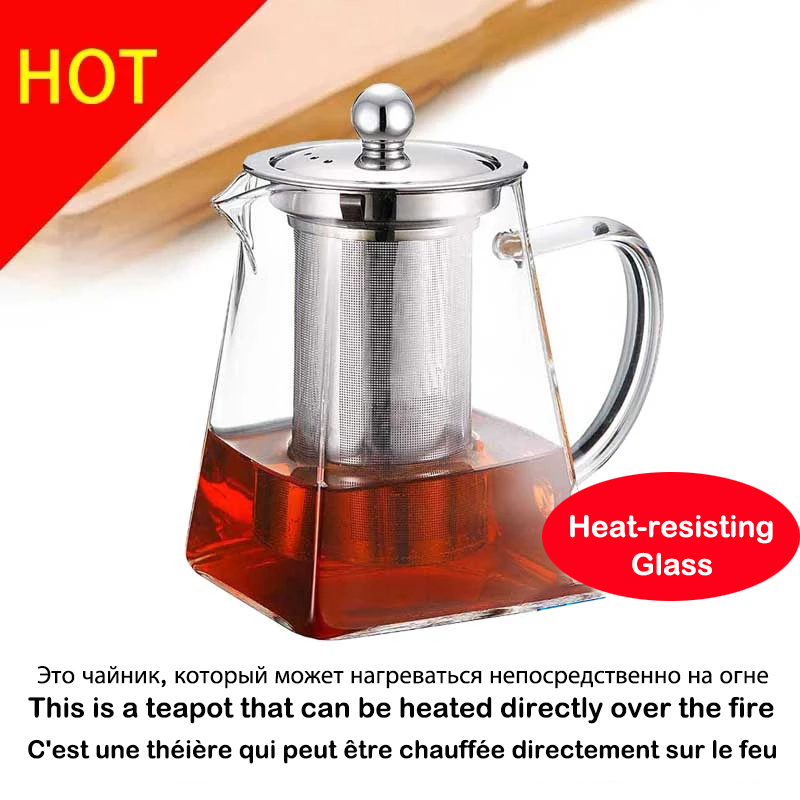 Nueva tetera de vidrio resistente al calor con infusor de acero inoxidable, recipiente calentado, tetera, buena hervidor transparente, cestas de filtro cuadradas