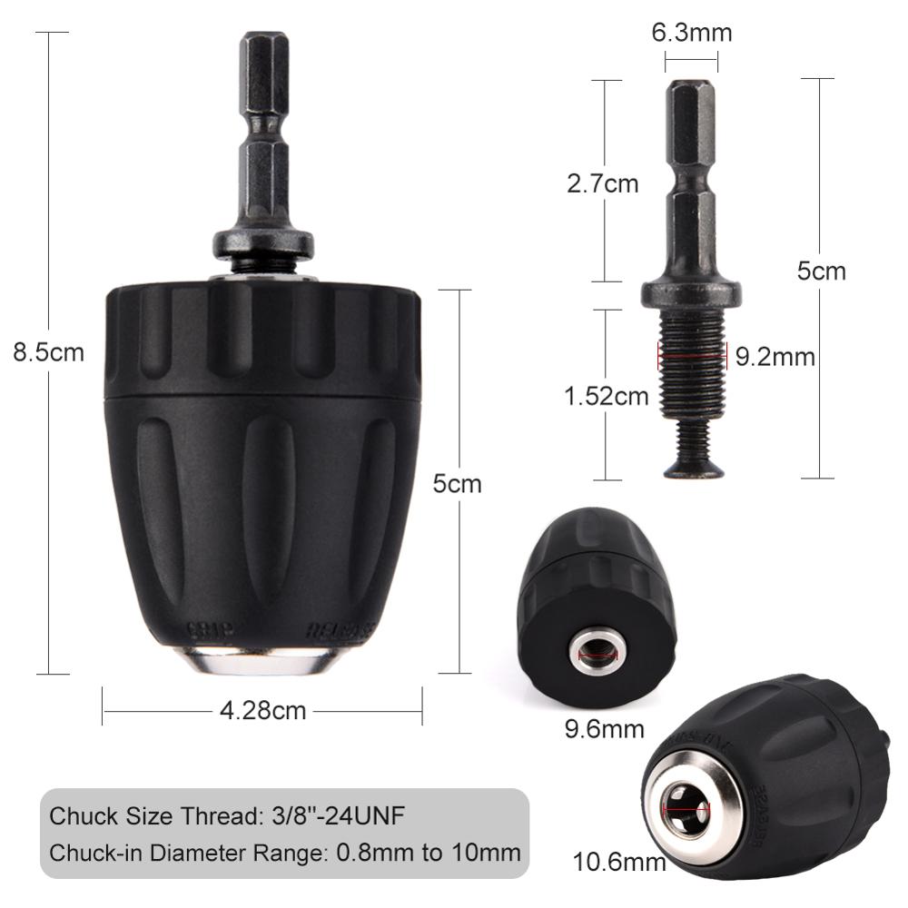 1/4 "hex chuck adapter bore nøkkelfri chuck plast ermer chuck omformer 0.8-10mm 3/8 " -24 unf rask endring hex skaft adapter