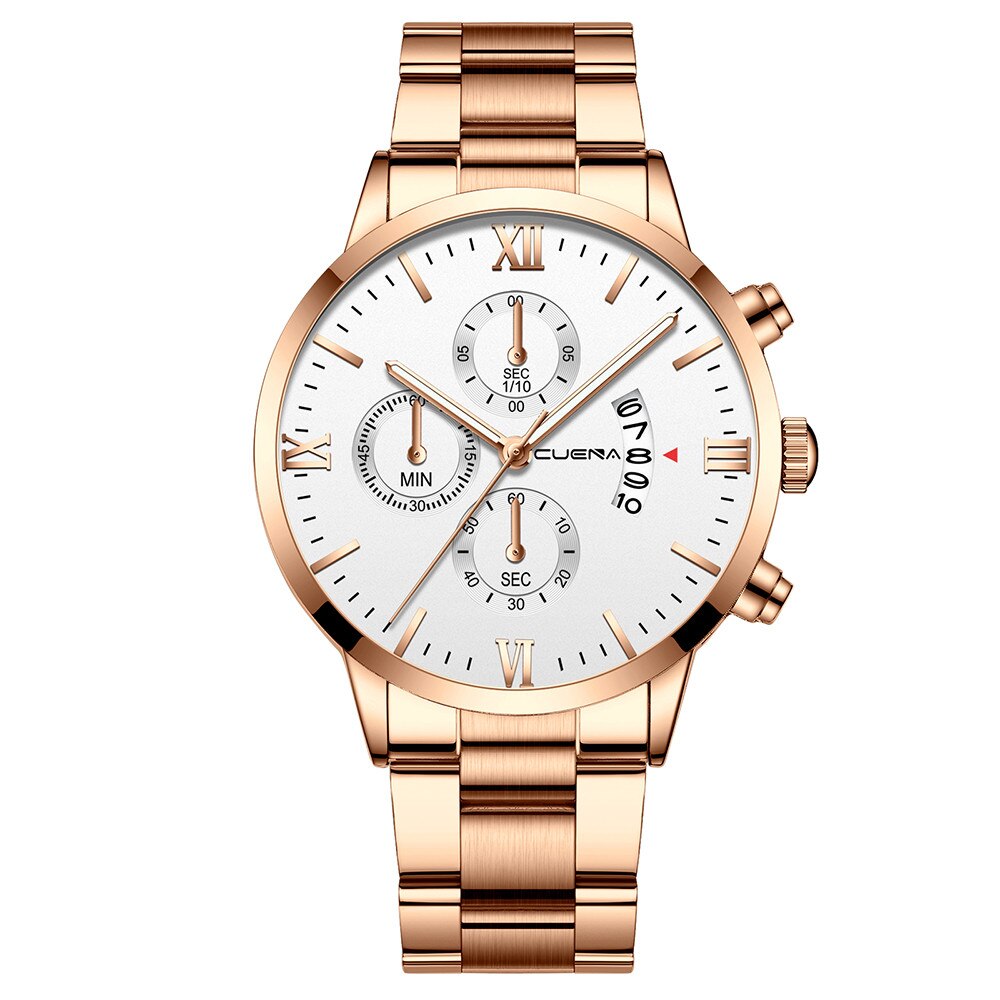 Cuena-reloj con correa de acero para hombre y mujer, cronógrafo de cuarzo con tres ojos, calendario de seis piezas,: L