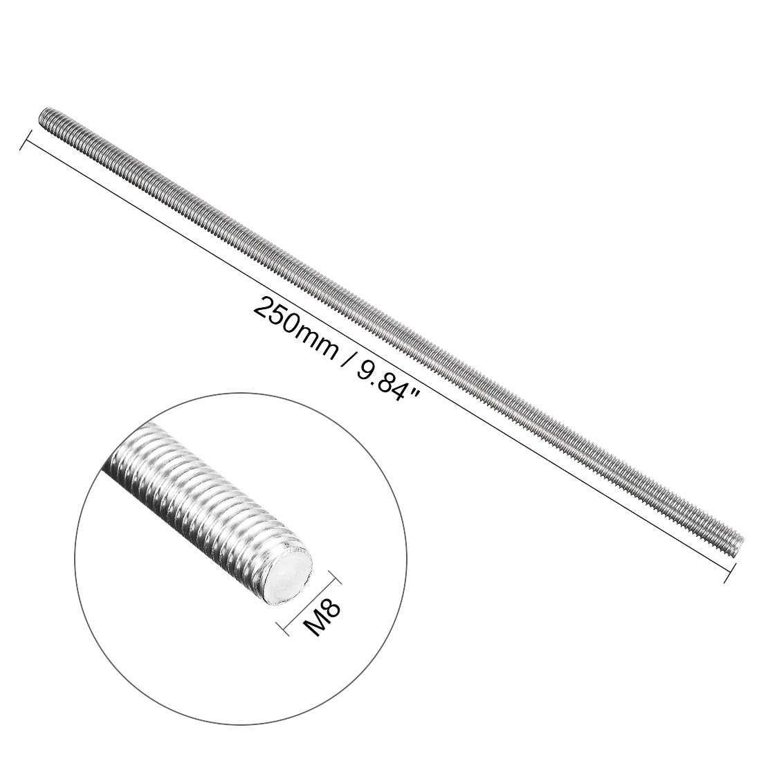 M8 Fully Threaded Rod, 304 Stainless Steel, 250mm Length, 1.25mm Thread Pitch, Left Hand Threads