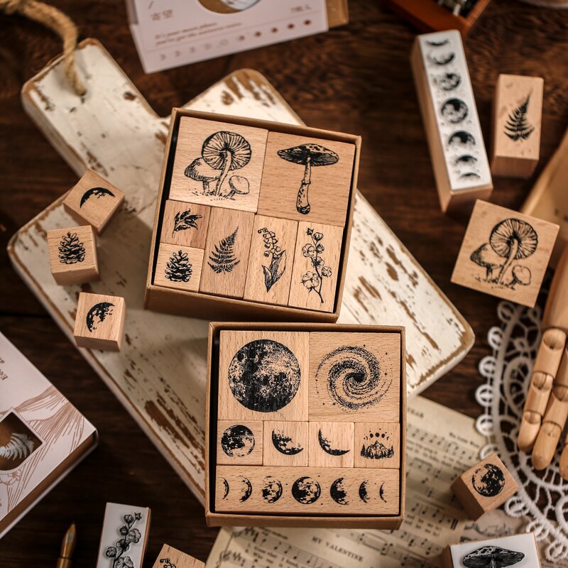 Sellos de goma para decoración de plantas y Luna, juego de sellos de goma montados en madera para álbum de recortes, papelería, manualidades DIY, estándar, 7 Uds.