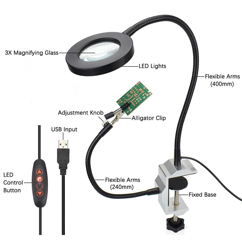 LED 3X Magnifier Bench Vise Table Clamp Soldering Helping Hand Soldering Station USB Interface Flexible Arms Third Hand Tool