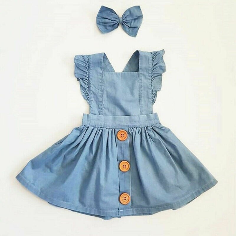 Vestido de mezclilla de verano para niñas, sin mangas, con botones y volantes, Mini vestido de princesa, sin espalda, Ropa para Niñas, vestidos informales para niños: 6 años