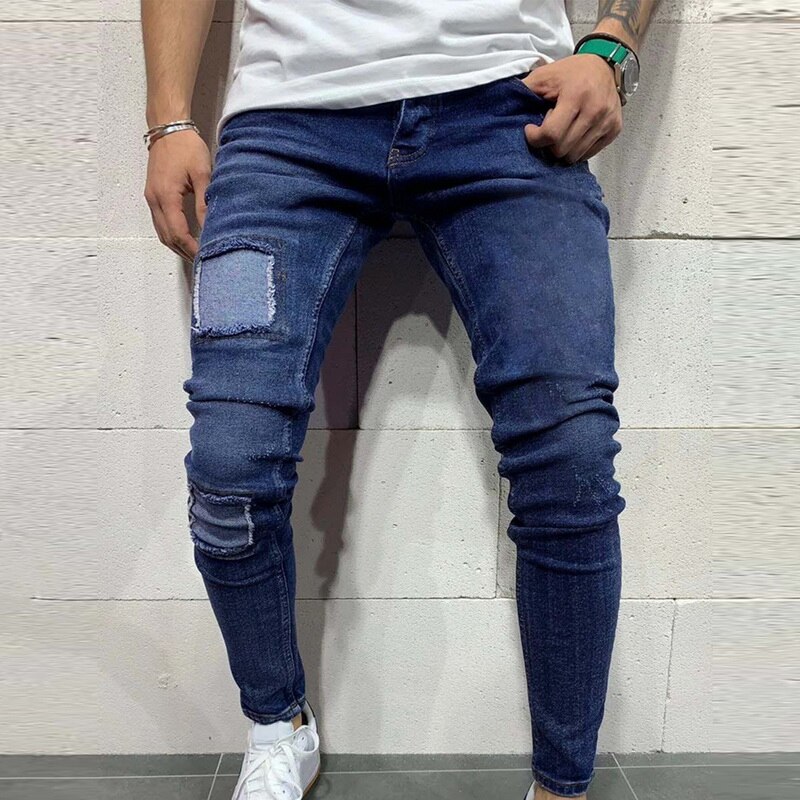 Men's Silm Fit Denim Pants Solid Color Pants Flexible Jeans Men's Jeans with Pockets