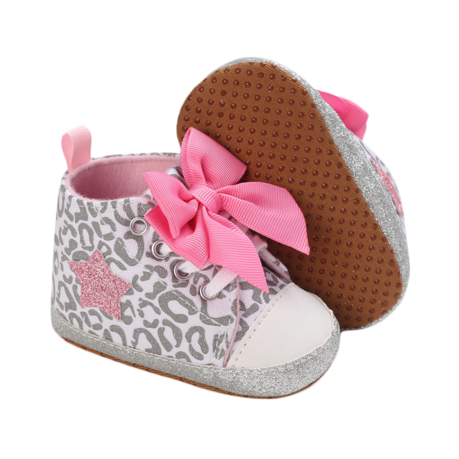 Emmababy – chaussures pour bébé fille, léopard/étoile, cheville haute, nœud papillon, marche, semelle souple, d'anniversaire, première marche: 01 / 13-18 Months
