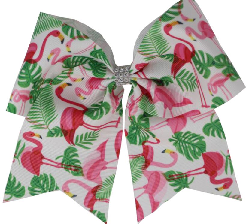 7 tommers trykt bling flamingo cheer buer hår buer med strikk / hårklemme hestehale for barn jente gjør det selv hår tilbehør