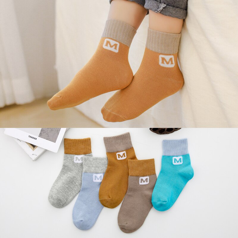Kleurrijke Kinderen Sokken Katoen Half Lengte Jongens &amp; Meisjes Sokken Mode Bloem Patroon Kids Sok 1 Lot = 5 Pcs: letterM / 10-12T