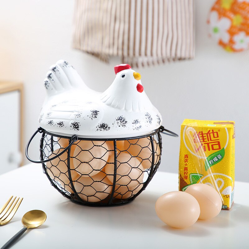 Cesta de cerámica con soporte para huevos, cesta de cerámica para colección de huevos, pollo, alambre y fruta, decoración de cocina, almacenamiento, 19cm x 22cm