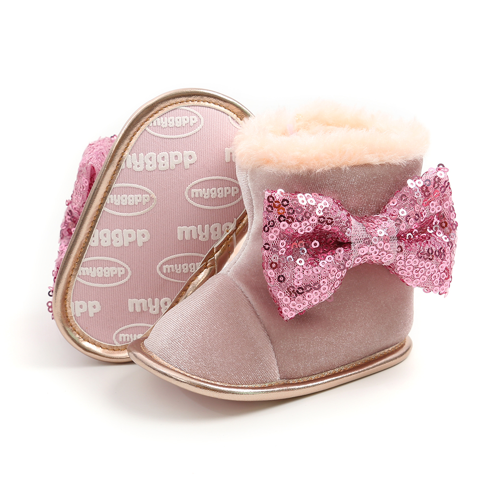 Mid-Kalf Lengte Pasgeboren Wieg Schoenen Winter Warm Baby Meisjes Laarzen Met Haarband Boog Bont Slip-On Baby harige Laarzen 0-18M