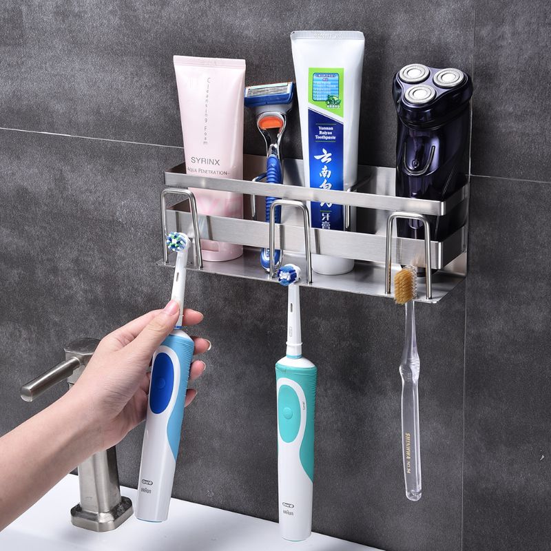 Stainless Steel Toothbrush Holder Toothpaste Stand Rack Adhesive Bathroom Organizer