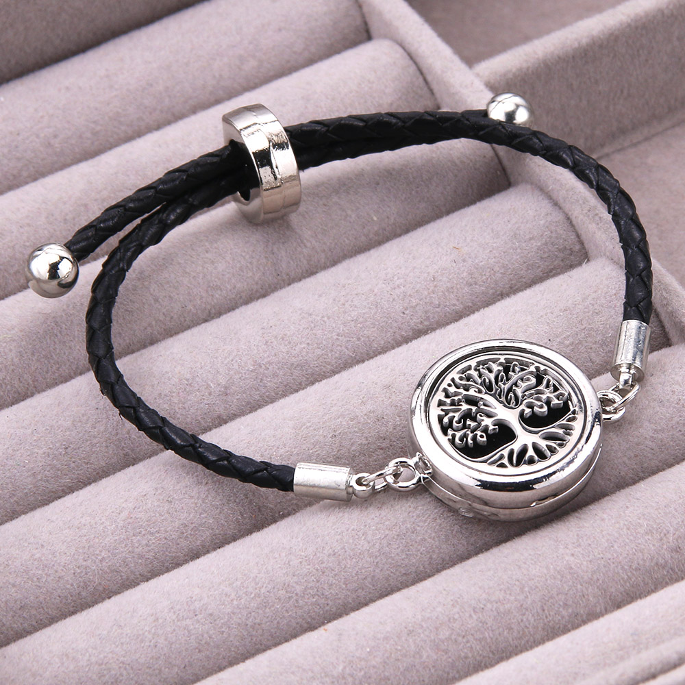 Difusor de aceites esenciales de Perfume, pulsera de cuero, medallón de aromaterapia, medallón de acero inoxidable, pulsera de cuero negro,