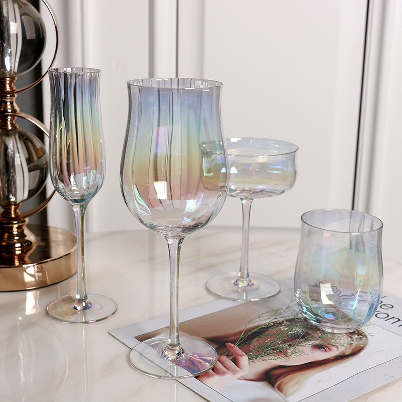 Ins Tulip Wine Glass Lead Free Glass Gold Painting Colourful Champagne Juice Cup Simple Wine Cup Crystal Glass