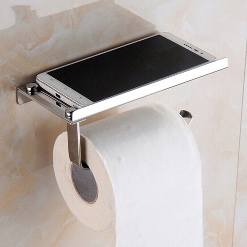 Badkamer Toilet Roll Paper Holder Wall Mount Roestvrij Staal Badkamer Wc Papier Telefoon Houder Met Opslag Plank Rek