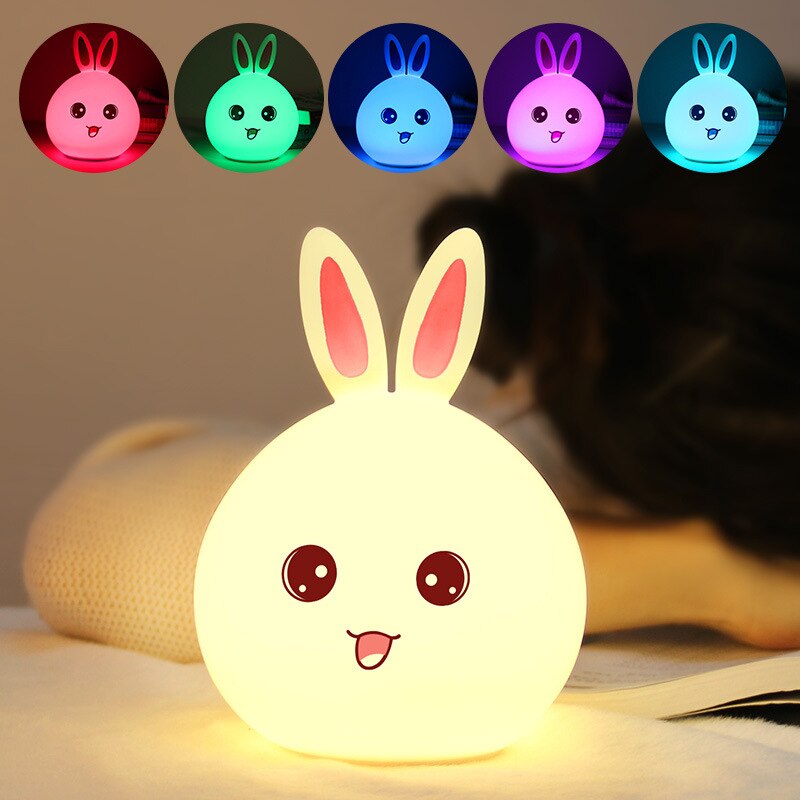 Qshare Kaninchen LED Nacht Licht Remote Touch Sensor Bunte USB Silikon Bunny Nacht Lampe Für Kinder Kinder Baby Weihnachten Spielzeug