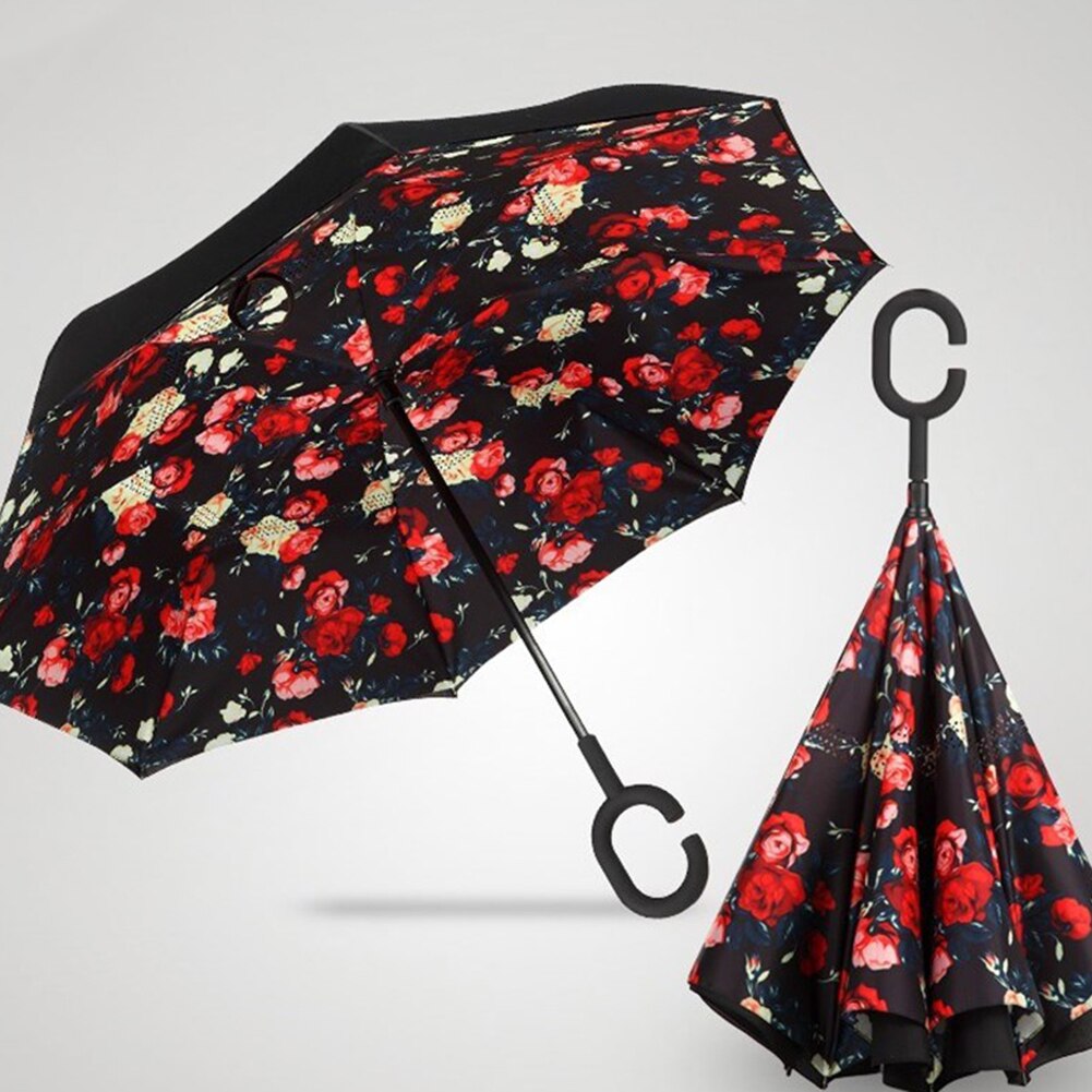 Lady Double Layer Anti-UV Windproof C-Shaped Handle Reverse Folding Umbrella Man Women Sun Rain Car Inverted Upstanding Umbrella