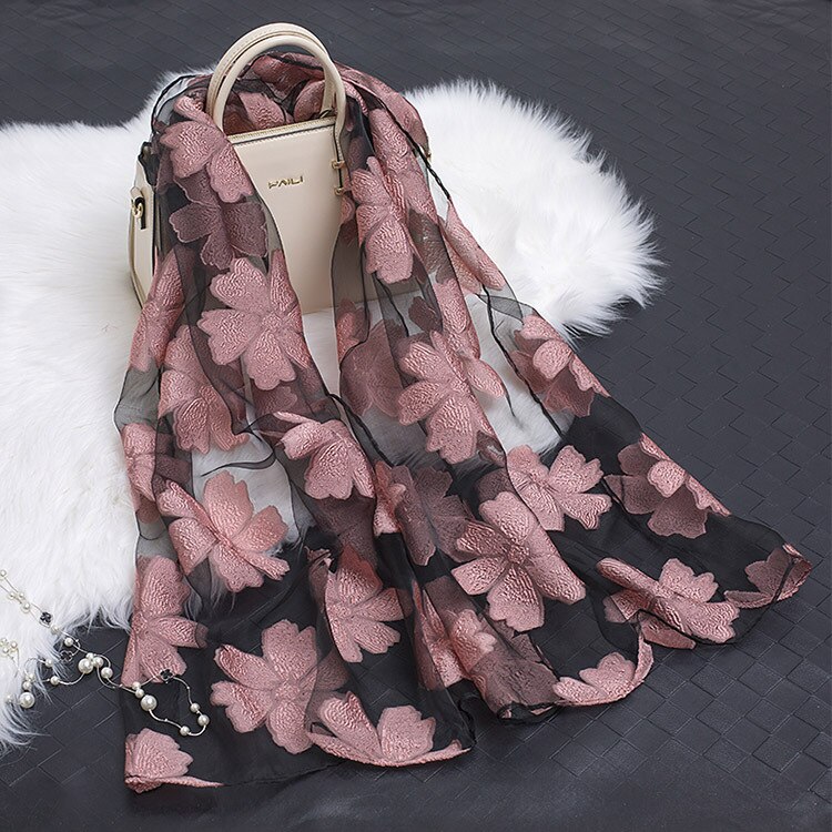 printemps Organza soie écharpe femmes de luxe broderie longue écharpe Hijab hiver dentelle foulards châle pour fille accessoires: Rose