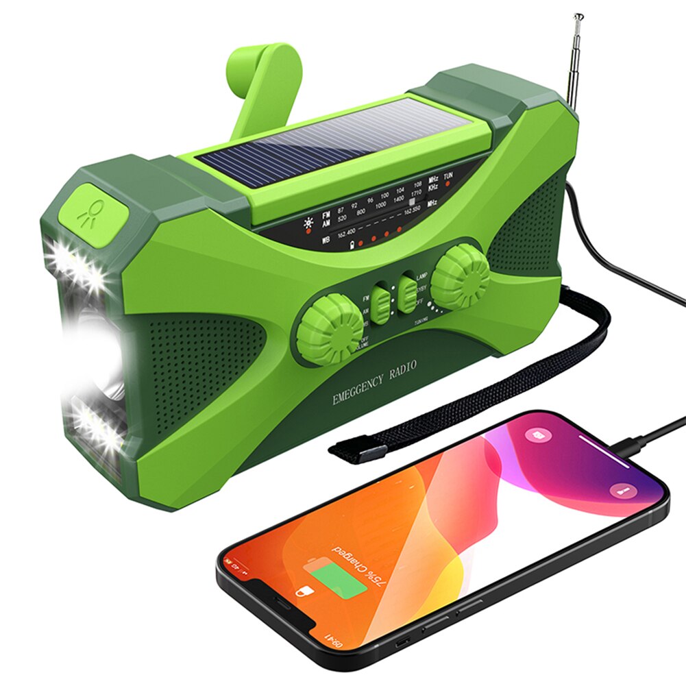 Radio portátil de mano alimentada por dinamo Solar, carga USB, FM, AM, WB, NOAA, multifuncional, meteorológica, con linterna LED, Banco de energía: C Green