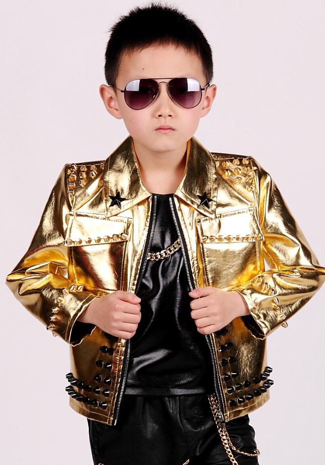 Baby boy clothes Gold children leather jacket rivet zipper stage dance clothes modis kids Hip hop outerwear Y1232: 6