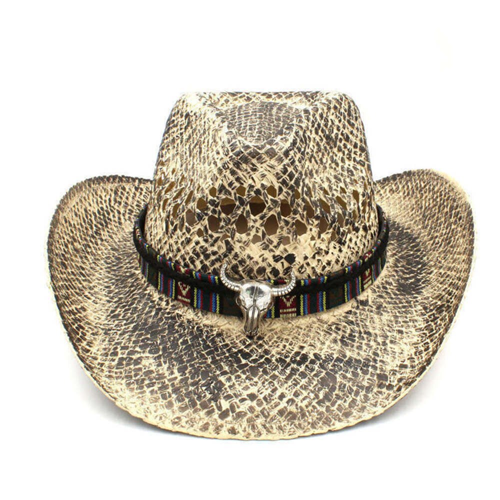Sombrero de paja para Hombre y mujer, Sombrero de cowboy hecho a mano del Oeste, Sombrero de playa tejido para Hombre, Sombrero de Jazz para vaquera, cinta de hojas Punk, tamaño 56-58CM: C7 CAM