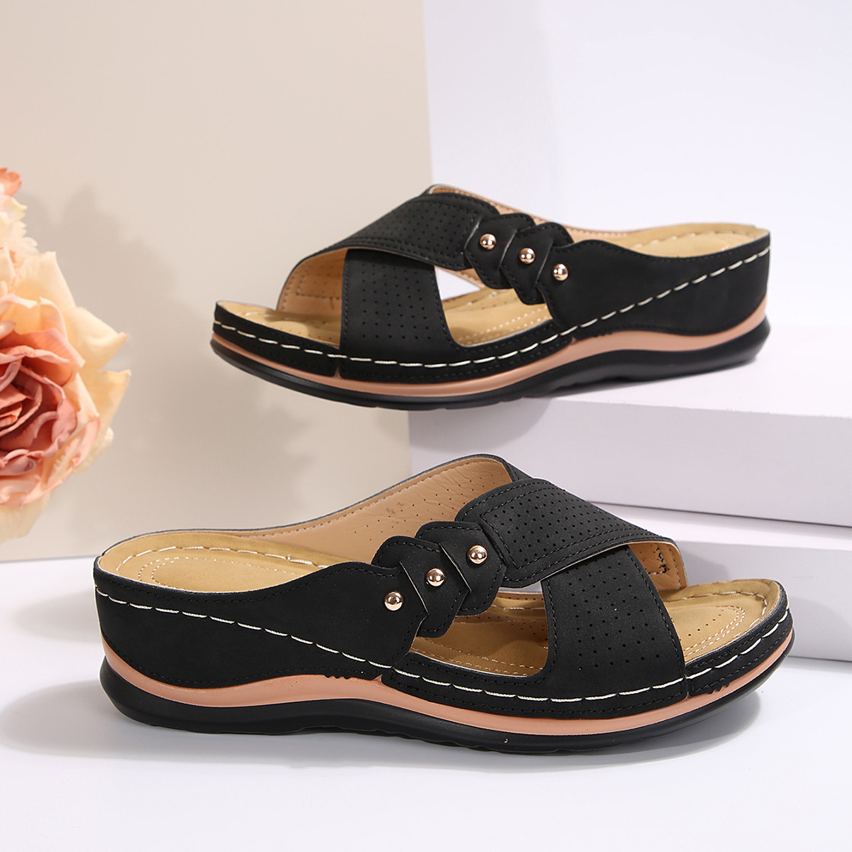 Vintage Mid Hak Strappy Rug Open Teen Slide Sandalen-Zachte Faux Lederen Bovenkant, Comfortabele Pu-Zool Comfortabele Schoenen Voor Dames