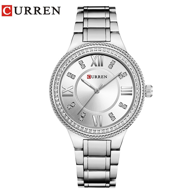 CURREN Luxe vrouwen Casual Horloges Waterdicht Horloge Vrouwen Mode Jurk Rhinestone Rvs Dames Klok: silver