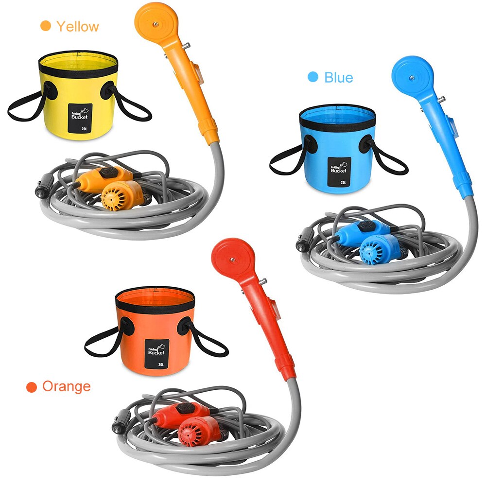 Cubo plegable eléctrico para ducha al aire libre, Kit de Ducha de Camping de 12V, para viaje, lavado de coche, Camping, senderismo, riego de plantas con flores