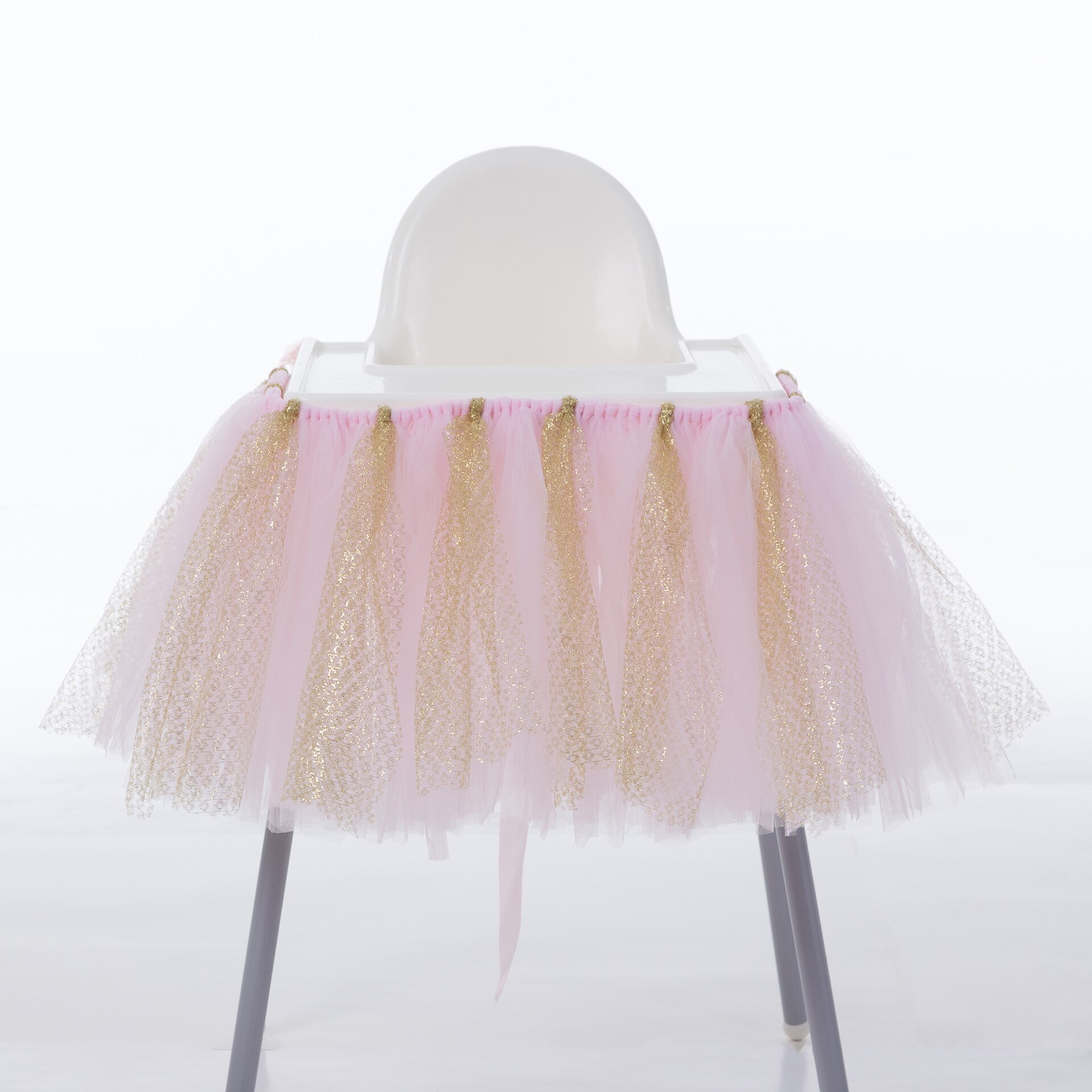 Baby 1St Birthday High Chair Tutu Skirt Tulle Dining Chair Skirt Party Decoratio Net Gauze Children Dining Decoration Home: Pink Gold