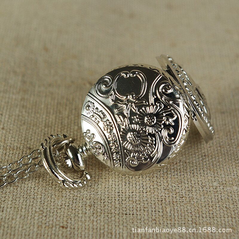 Roos reliëf verzilverde fob mini prachtige dames zakhorloge met ketting quartz dames zakhorloge voor