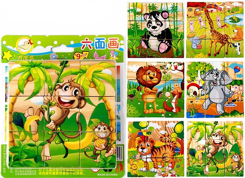 1PC Kinder Cartoon Holz Neun Blöcke Sechs-seitige Weisheit 3D Tier Würfel Puzzle Spielzeug für Kinder Bildungs baby Spielzeug: animal A