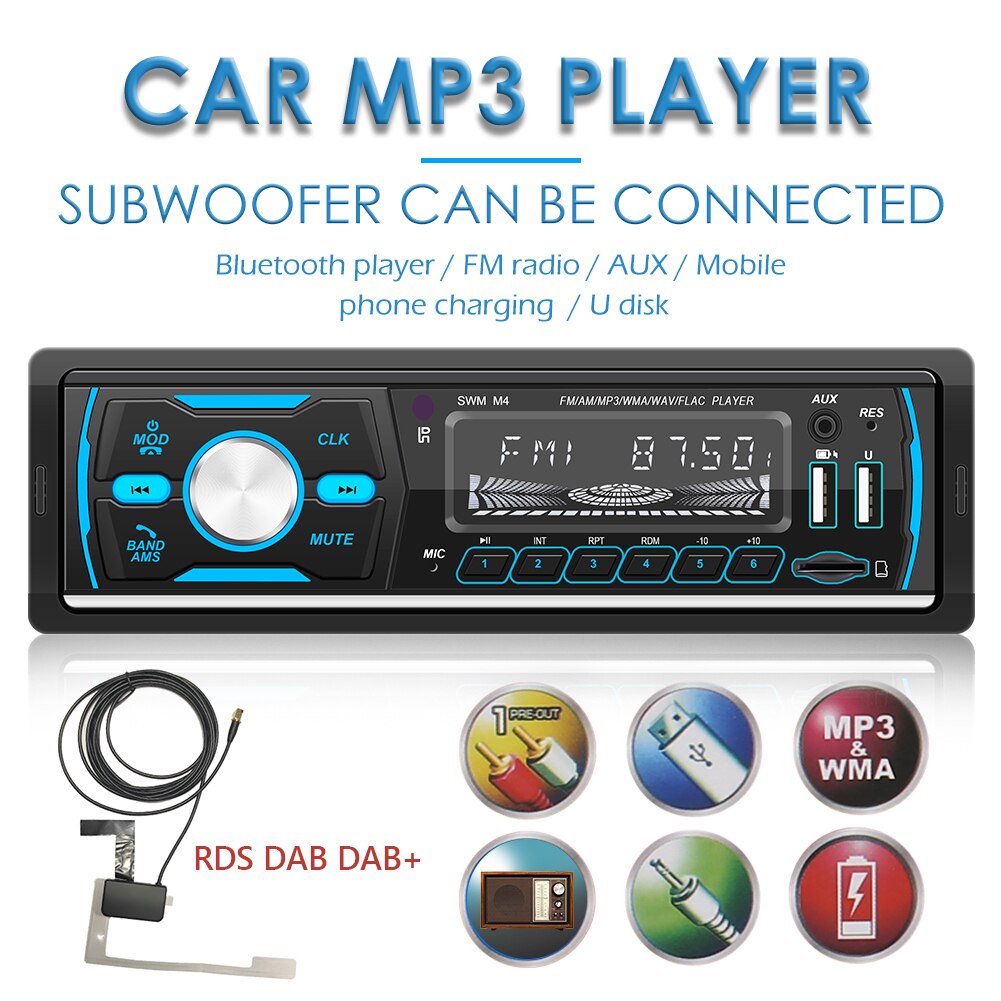 SWM-M4 Single DIN Head Unit Car USB TF AUX-In FM AM RDS DAB Radio Receiver Dual USB Car Bluetooth MP3 Player