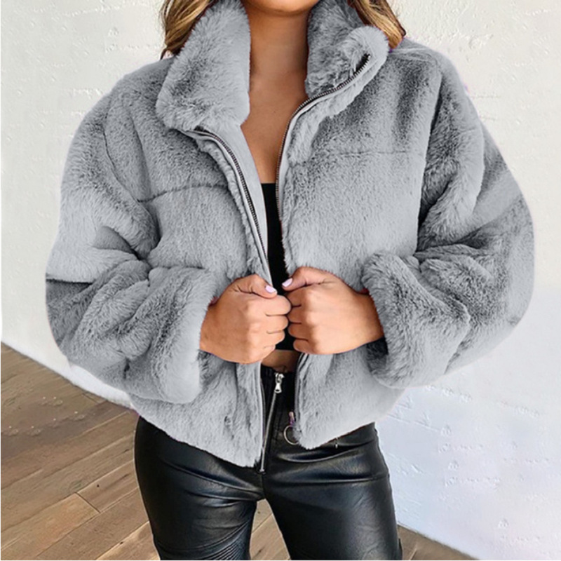 Vintage Vrouwen Warme Jas 2022 Winter Mode Pluizige Effen Kleur Turn-Down Lange Mouwen Pluche Rits Jas Casual losse Bovenkleding