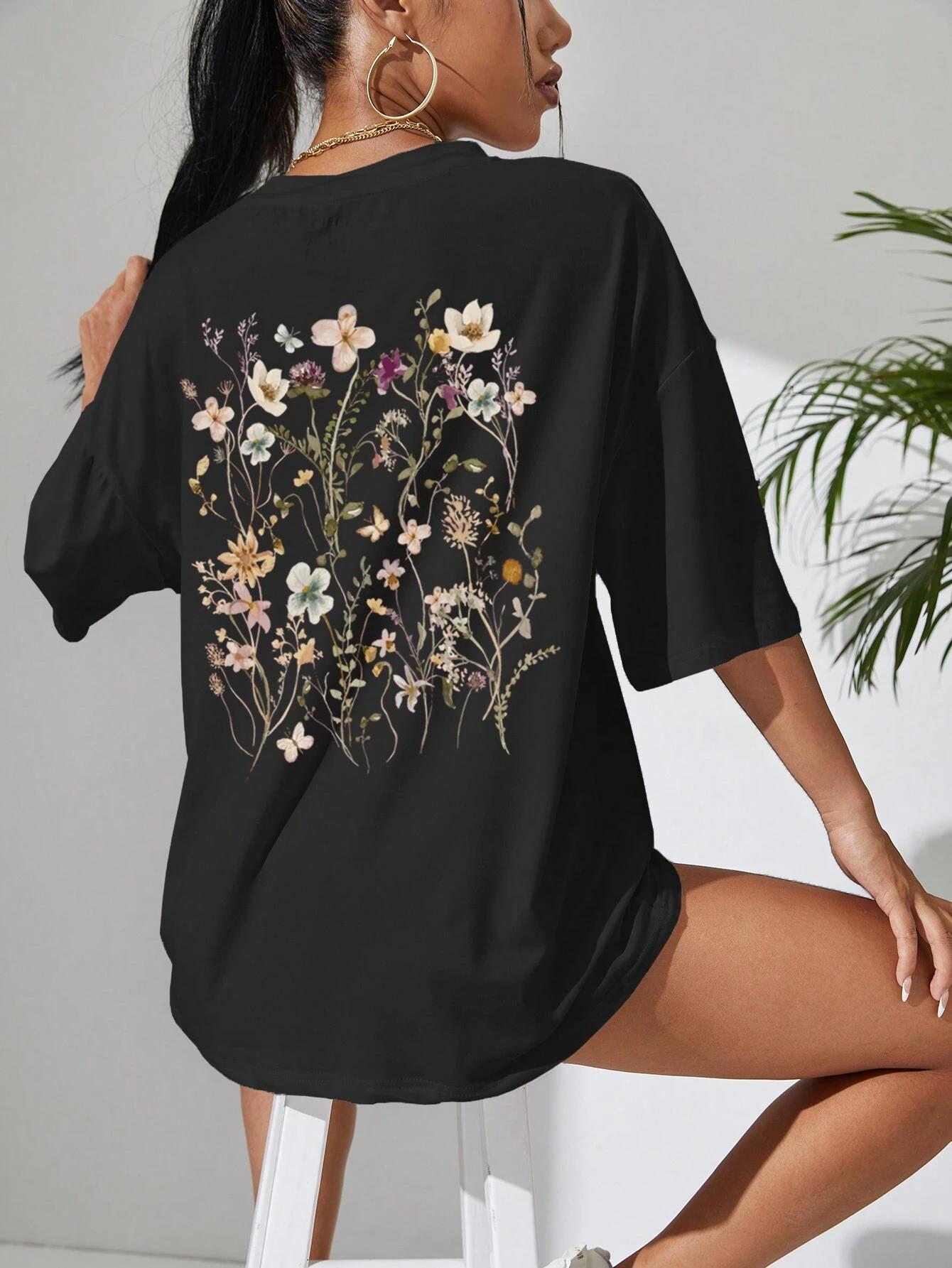 Lindas clusters de flores estampadas de algodão camisetas femininas casuais respiráveis macias manga curta tops soltos e confortáveis roupas de rua: S / Preto