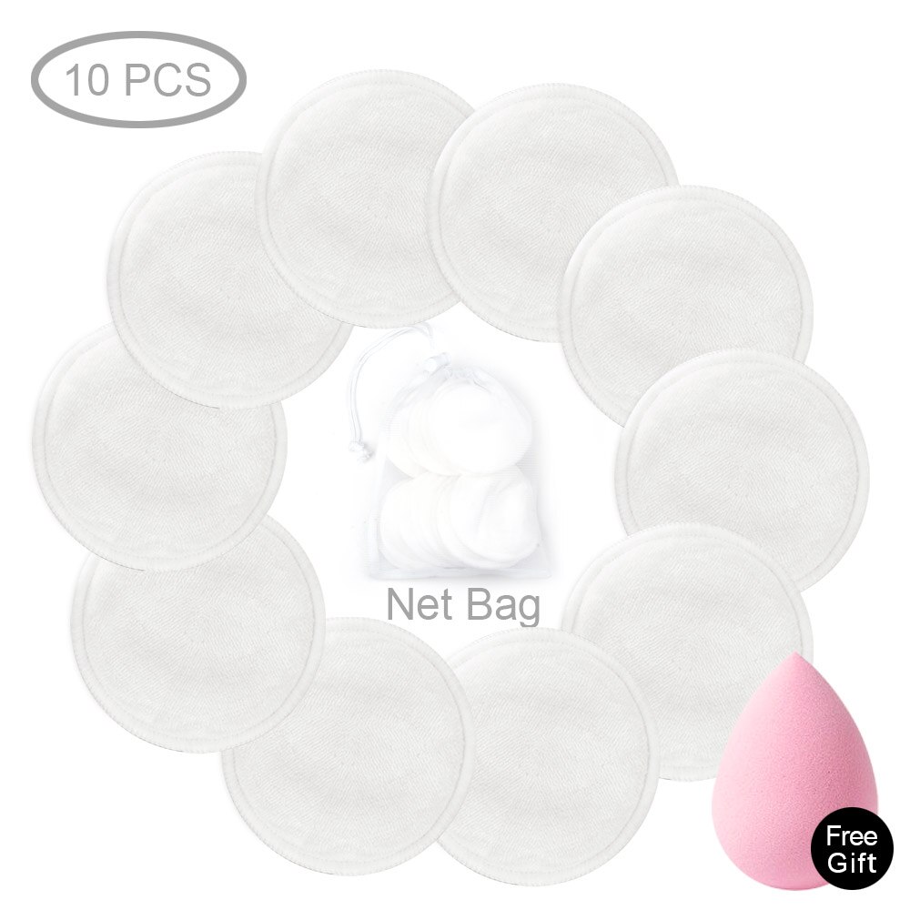 Toallitas limpiadoras reutilizables de algodón para maquillaje, desmaquillantes, lavables, de tres capas, de bambú suave con bolsa de lavandería de malla, herramienta de maquillaje: 10pcs White with bag