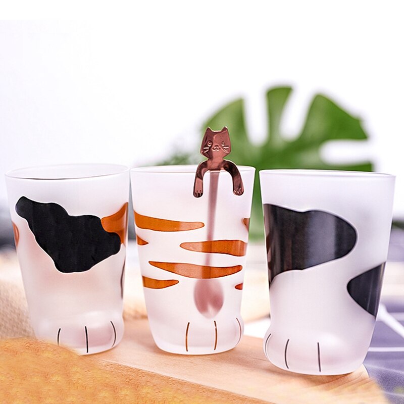 Tasse en verre givré avec patte de chat, joli, imprimé patte de chat, tasse de café en verre de lait pour petit déjeuner à la maison, pour fille