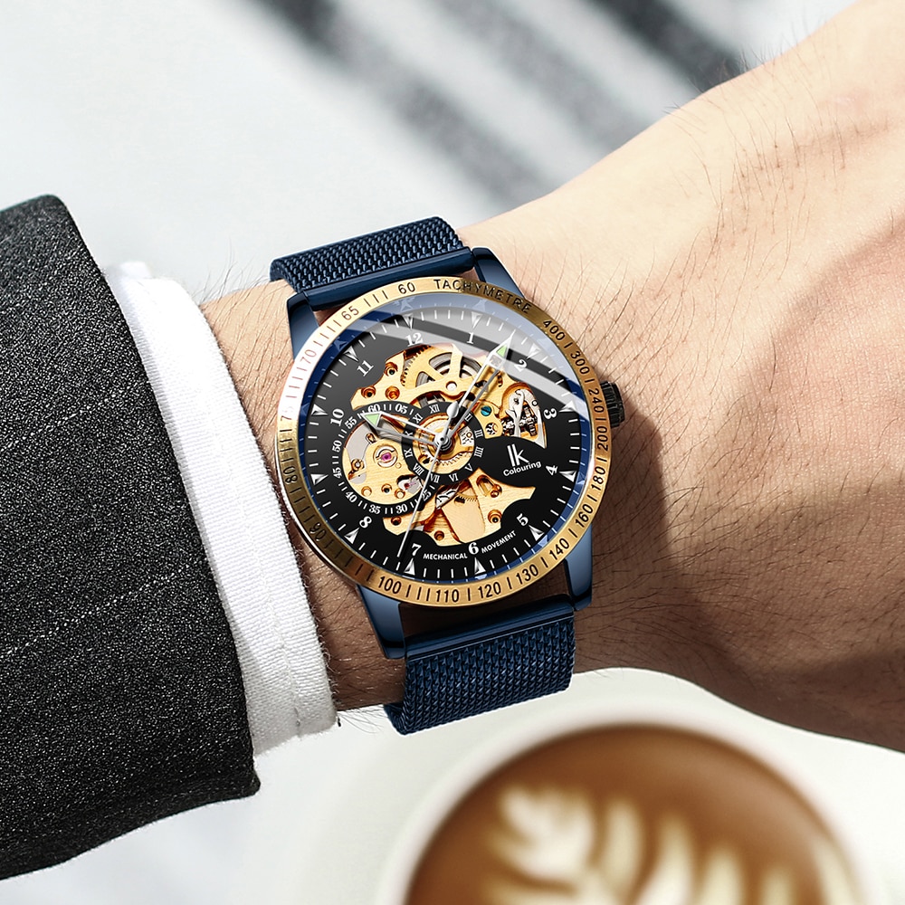Ik färglägg herrklockor mesh flätat band i rostfritt stål automatisk mekanisk manlig klocka skelett steampunk relogio masculino