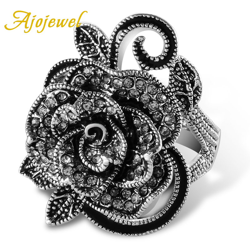 Ajojewel #7-9 Schwarz Rose Blume Große Vintage Ringe Für Frauen Einzigartige Retro Kristall Strass Schmuck Luxus