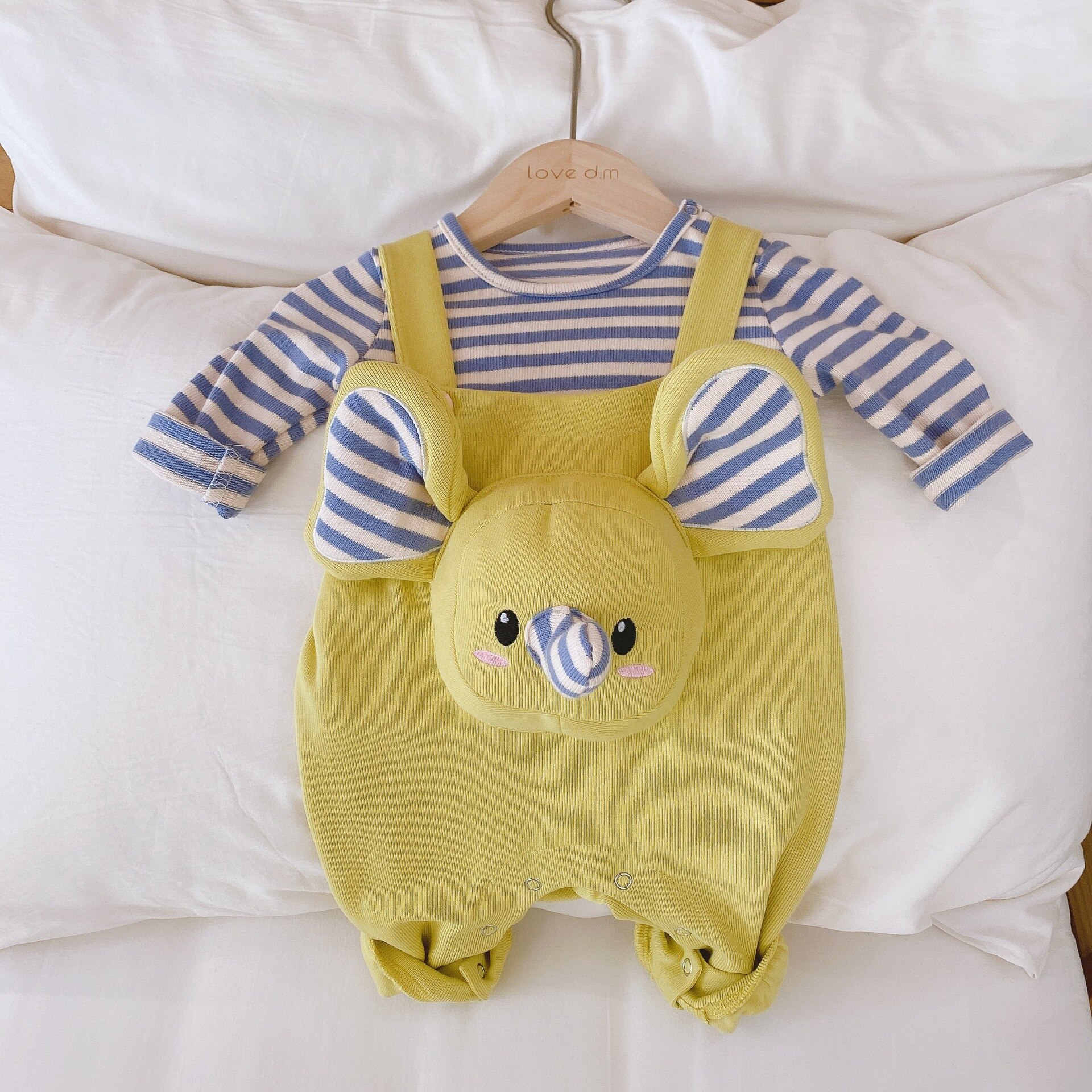 Höst vinter bebis flicka pojke kläder set barn söta djur tryck randiga t-shirt toppar rem byxor djur kläder set 0-18m: Blå / 6-12m