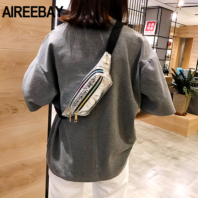 AIREEBAY Style Vintage femmes sac banane holographique PU cuir taille ceinture sacs Messenger sac à bandoulière sac de poitrine pour voyager