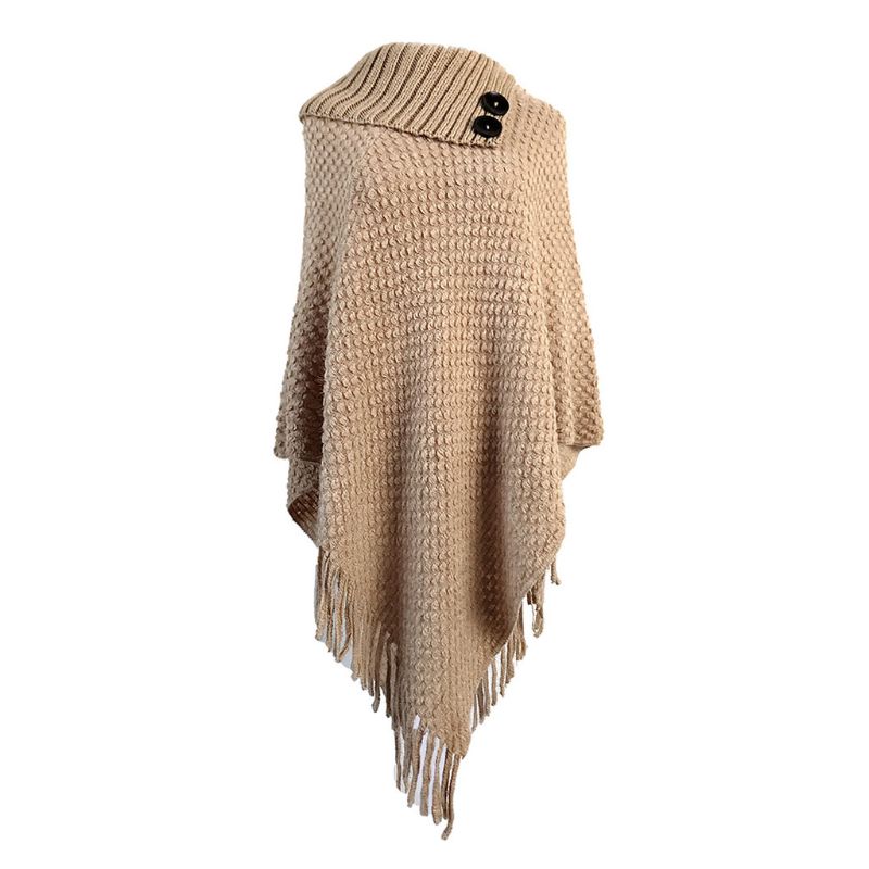 Women Knitted Pullover Sweater Top Half Opened Collar Buttons Warm Shawl Wrap Fringe Tassels Hem Solid Color Poncho Cape: Khaki