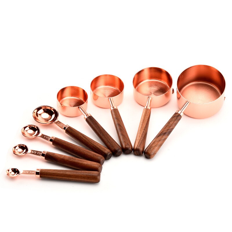 4 Stks/set Rvs Maatbeker Lepel Met Walnoot Handvat Rose Gold Bakken Maatlepel Keuken Schaal Maatbeker