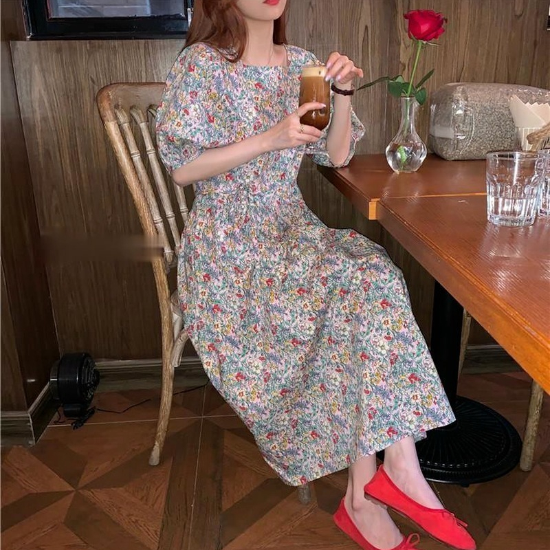 Ezgaga floral impresso vestido feminino estilo francês vintage meia manga sopro 2021 primavera verão menina terno vestidos elegantes