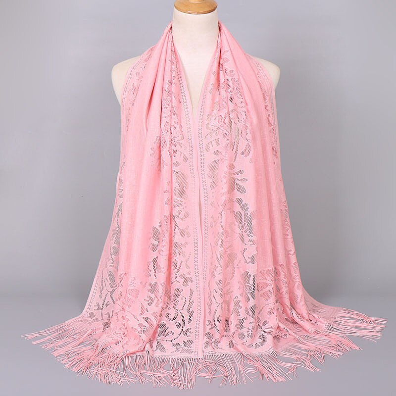 Hollow Out Flower Lace Hijab Sjaal Vrouwen Effen Kleur Vlakte Moslim Hoofd Haar Sjaals Wraps Winter Wit Zwart Rood: Roze