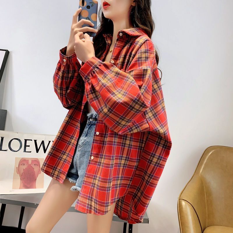 Shirts Women Solid Plaid Chic Outwear Loose Popular Chic Womens Korean Style Sweet All-match Young: red / XXL